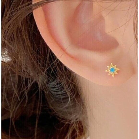 Opal Star Studs Blue opal Starburst Earrings North Star Studs Tiny Gold Studs - Picture 1 of 13